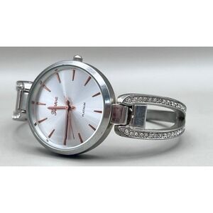 Vtg Geneva Platinum 5969 Womens Silver Tone Crystal Hinged Cuff Watch Japan Movt